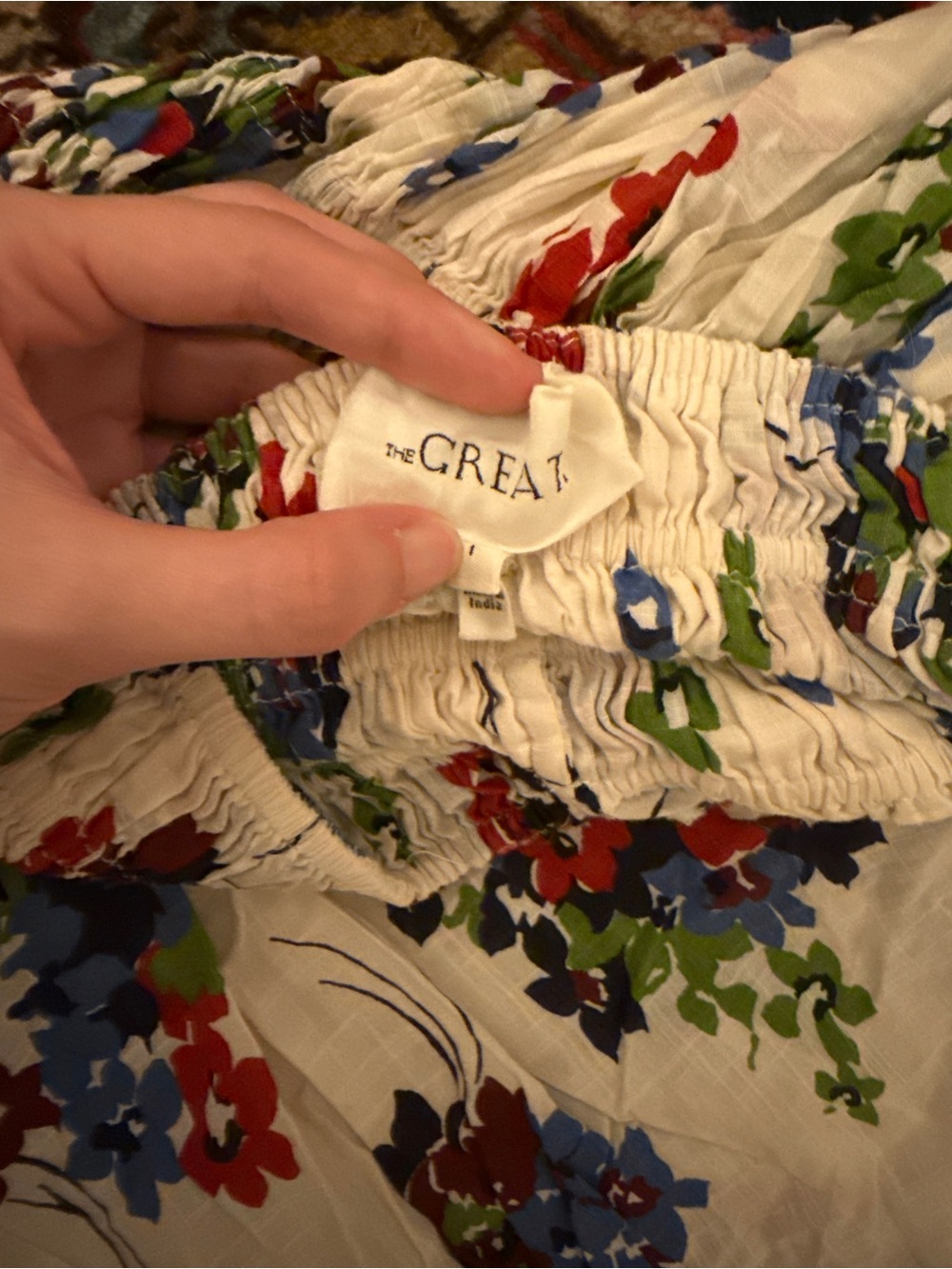 THE GREAT. Viola skirt White Midi Skirt with Red, Blue & Green Floral Print - Picture 4 of 4